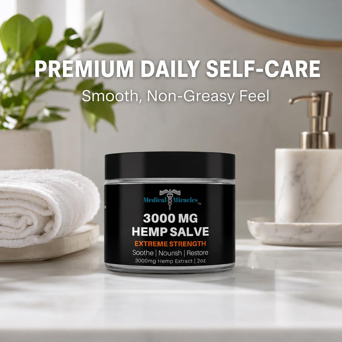Pots de baume Medical Miracles 3000 mg sur une surface blanche