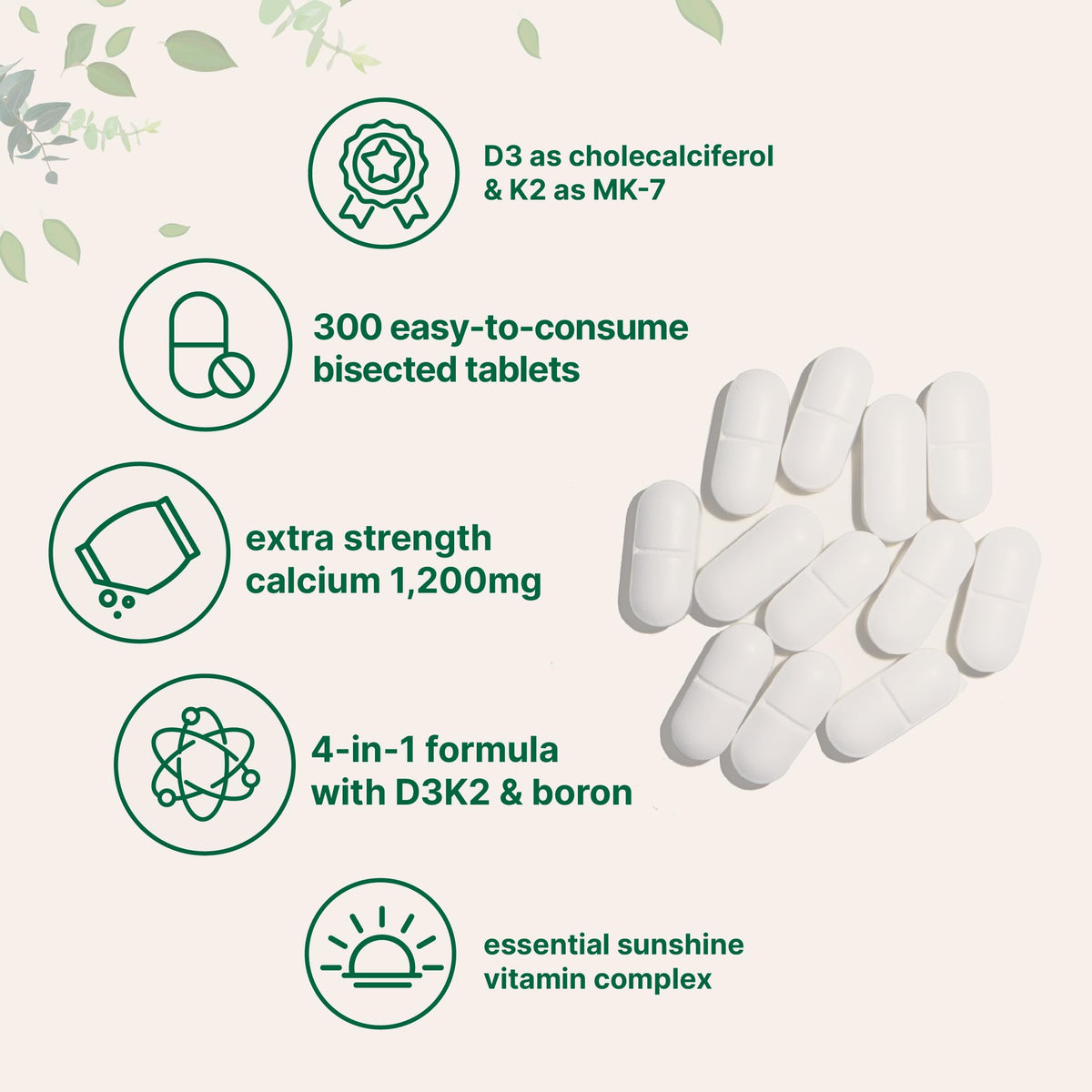Pouch de 300 comprimés de Calcium 1 200 mg avec informations nutritionnelles