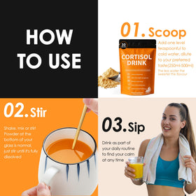 Poudre à boire Cortisol d'oviaapo sur une table avec des fruits