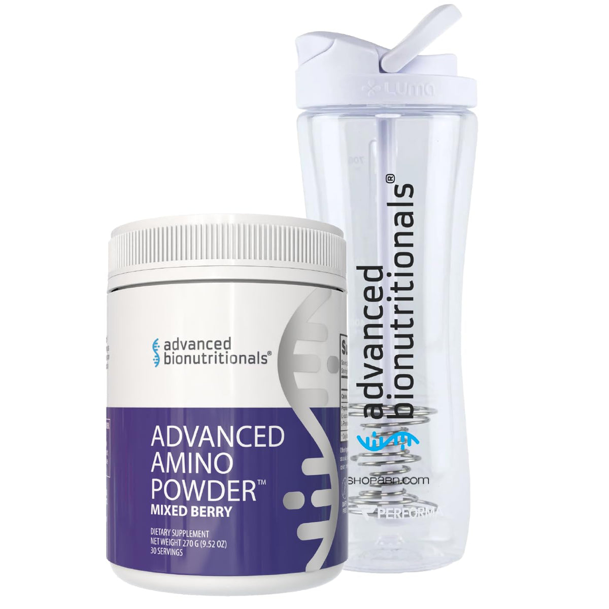 Poudre Amino Avancée Advanced Bionutritionals à côté d'un shaker