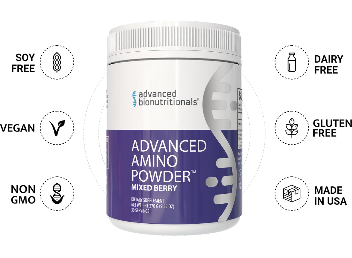 Poudre Amino Avancée Advanced Bionutritionals avec ingrédients sur la table