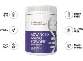 Poudre Amino Avancée Advanced Bionutritionals avec ingrédients sur la table