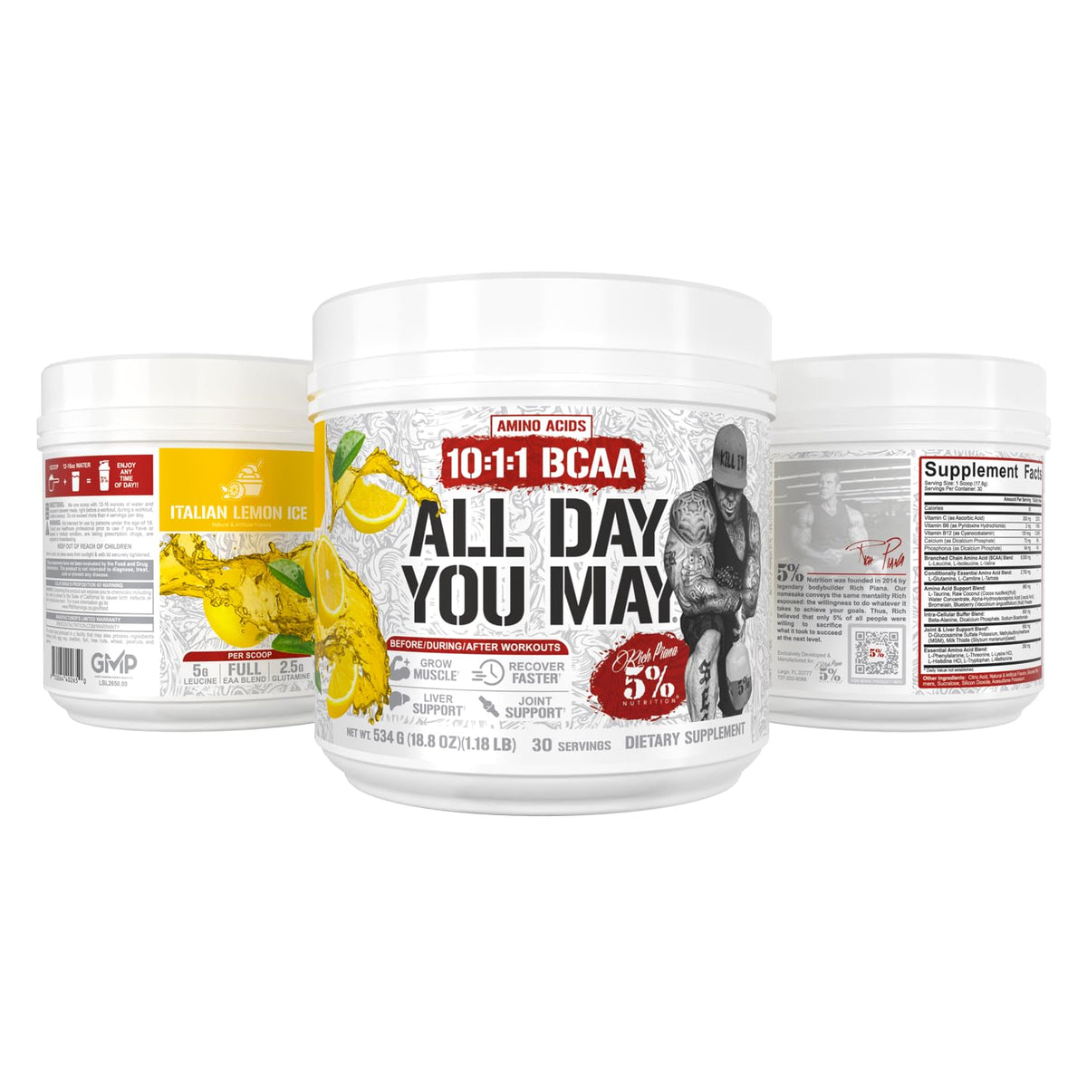 Poudre BCAA AllDayYouMay 5% Nutrition 1510g avec des fruits