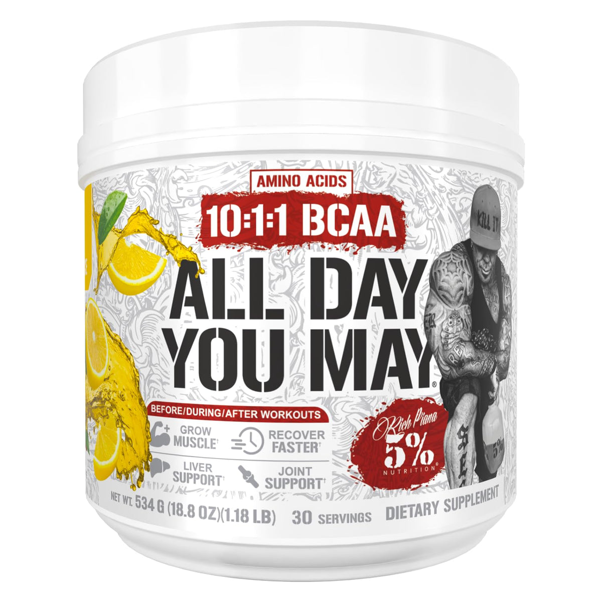 Poudre BCAA AllDayYouMay 5% Nutrition 1510g Citron Italien vue de face