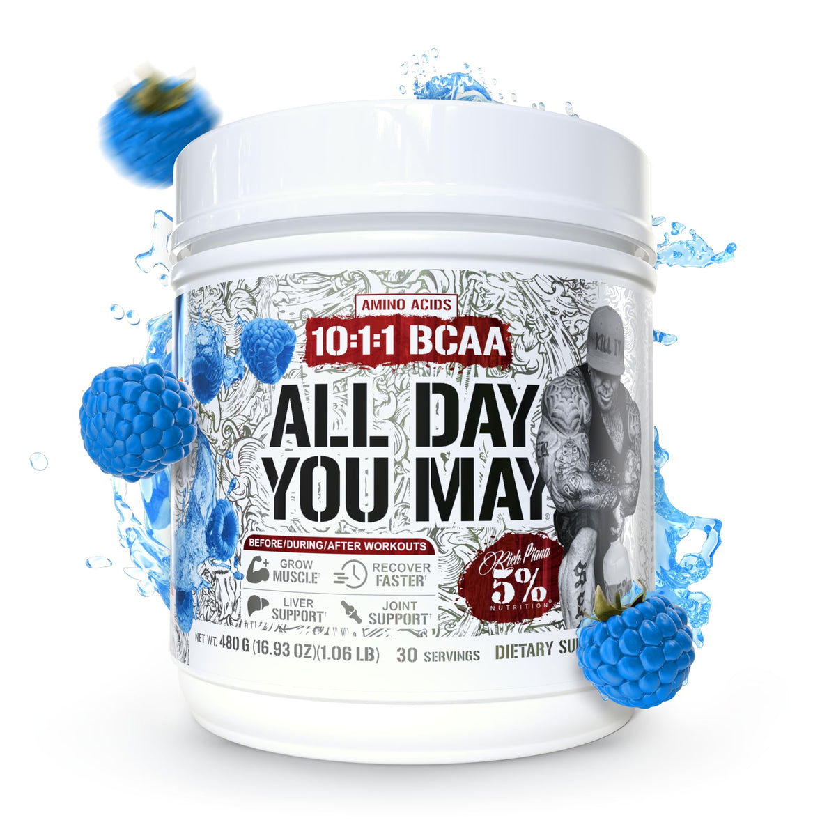 Poudre BCAA AllDayYouMay de 5% Nutrition, présentée avec des accessoires de fitness