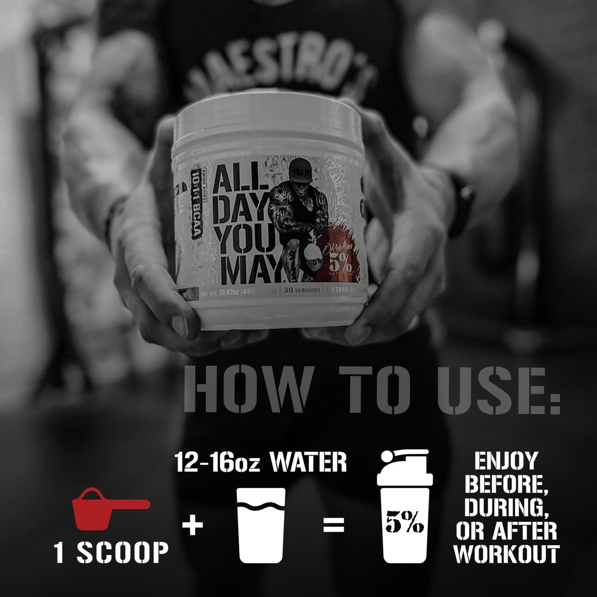 Poudre BCAA AllDayYouMay de 5% Nutrition, vue de côté avec cuillère doseuse