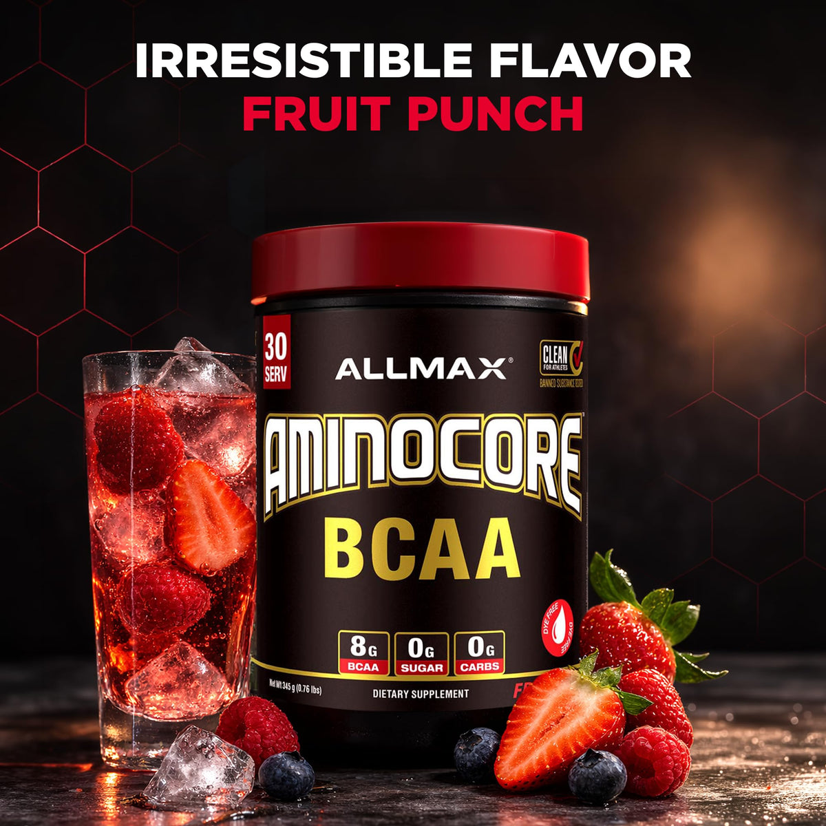Poudre BCAA ALLMAX Aminocore dans un verre d'eau
