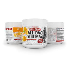 Poudre BCAA et EAA AllDayYouMay 5% Nutrition sur une table