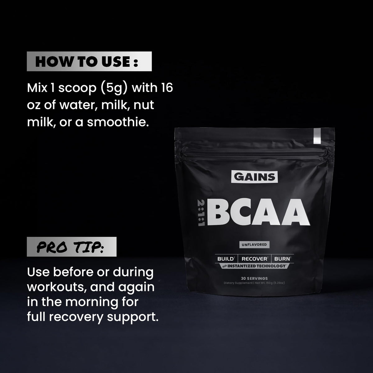 Poudre BCAA GAINS IN BULK vue de côté