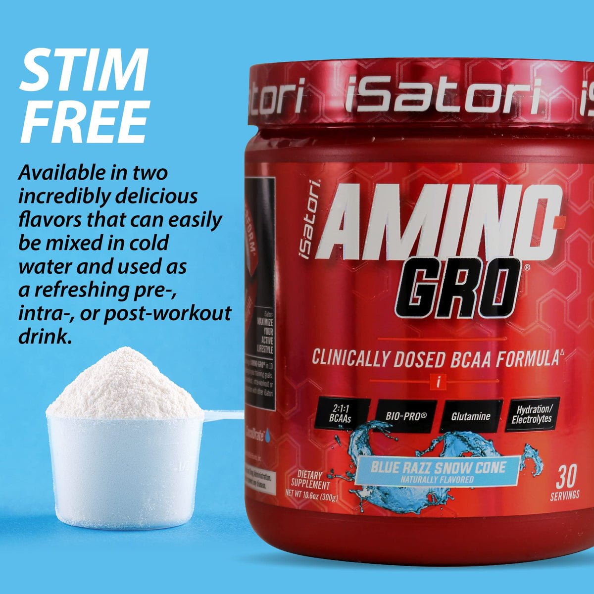 Poudre BCAA iSatori Amino-GRO Saveur Blue Razz sur un fond blanc