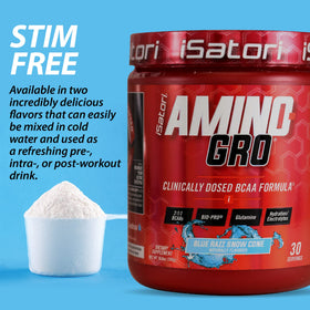 Poudre BCAA iSatori Amino-GRO Saveur Blue Razz sur un fond blanc