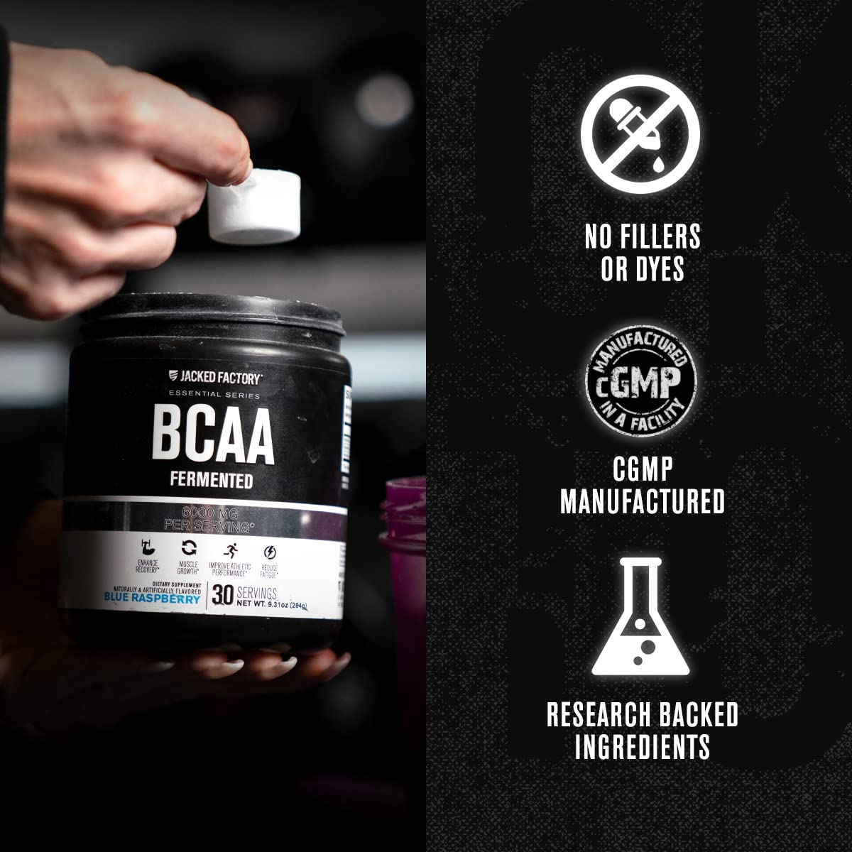 Poudre BCAA Jacked Factory avec shaker et fruits