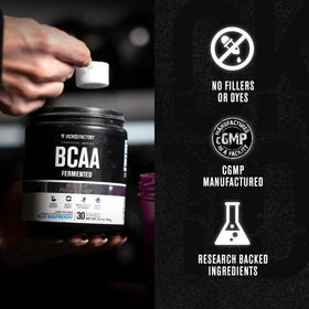 Poudre BCAA Jacked Factory avec shaker et fruits