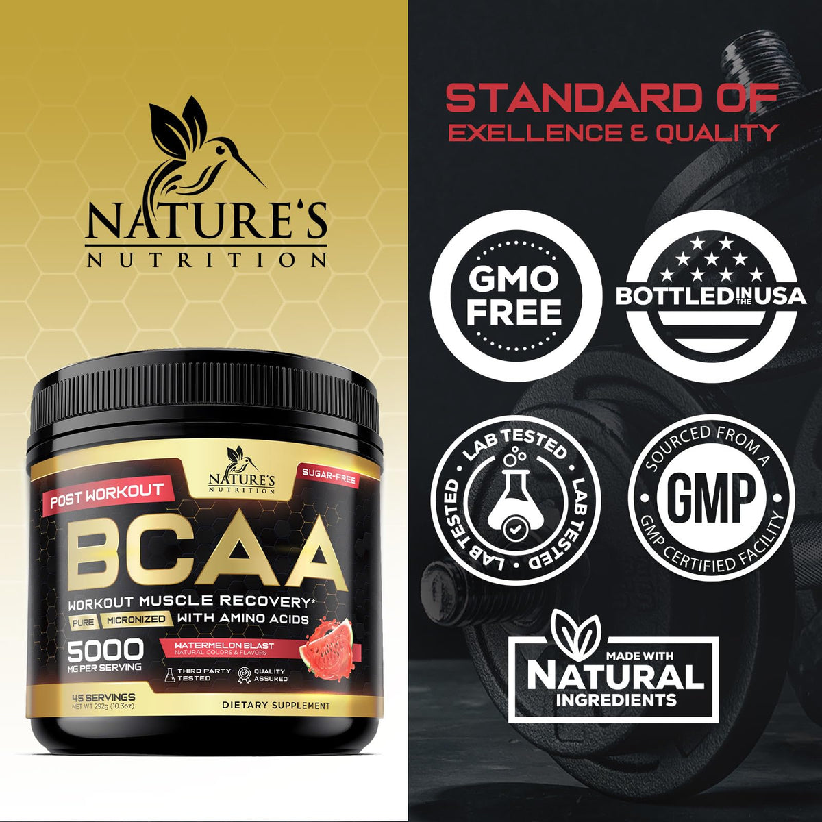 Poudre BCAA Nature's Nutrition 331g versée dans un verre