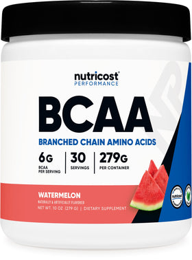 Poudre BCAA Nutricost goût pastèque 340g avec étiquette visible