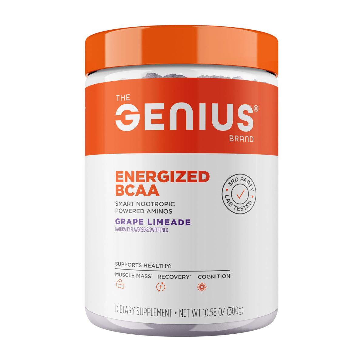 Poudre BCAA végétale The Genius Brand 408g saveur Raisin-Lime, vue de face
