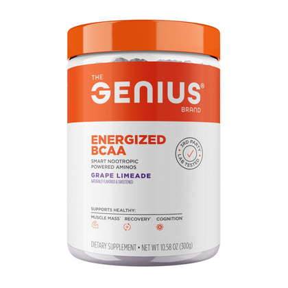 Poudre BCAA végétale The Genius Brand 408g saveur Raisin-Lime, vue de face