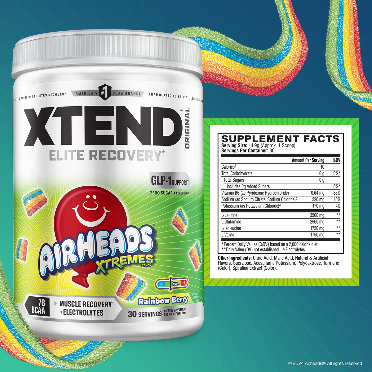 Poudre BCAA Xtend Original 30 Serv. Air Heads Rainbow Berry avec dos d'emballage