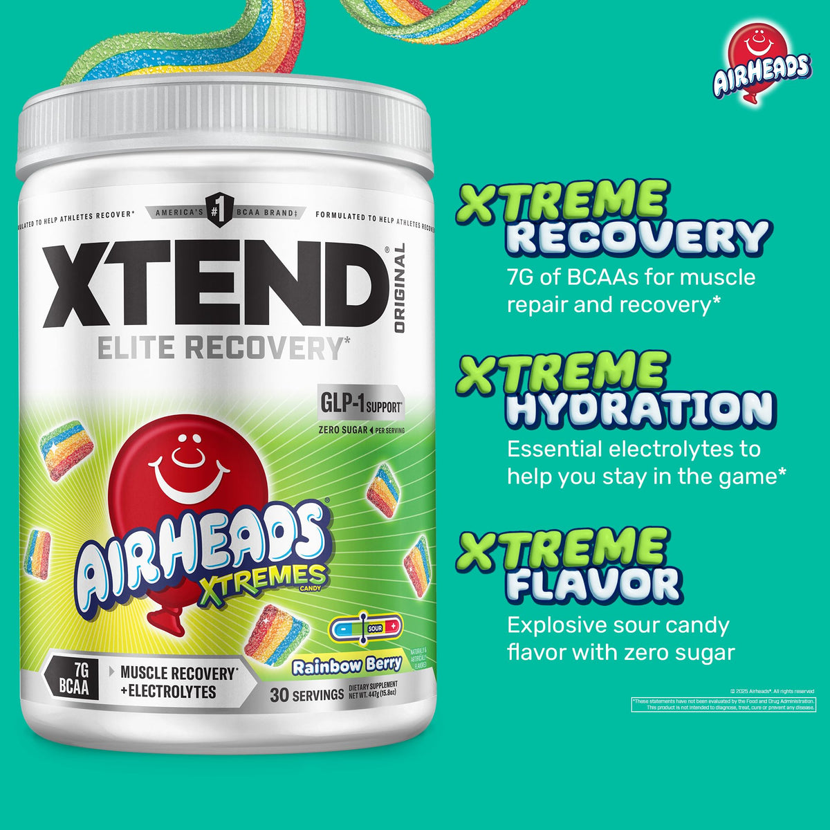 Poudre BCAA Xtend Original 30 Serv. Air Heads Rainbow Berry en préparation dans un verre