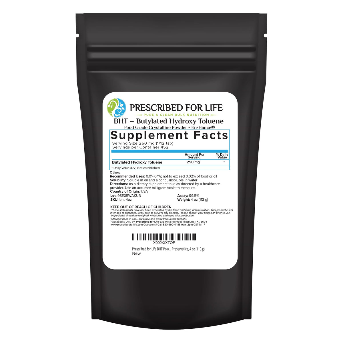 Poudre BHT pure 113g de Prescribed For Life, vue de face
