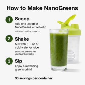 Poudre Biopharma Scientific NanoGreens versée dans un bol