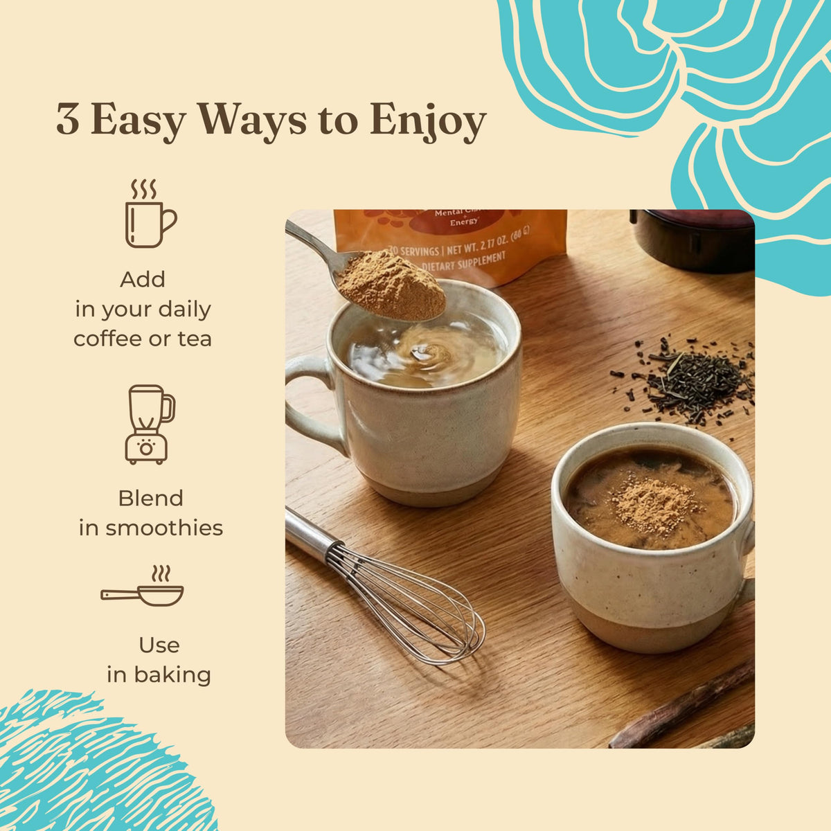 Poudre Calm Four Sigmatic ajoutée dans un smoothie
