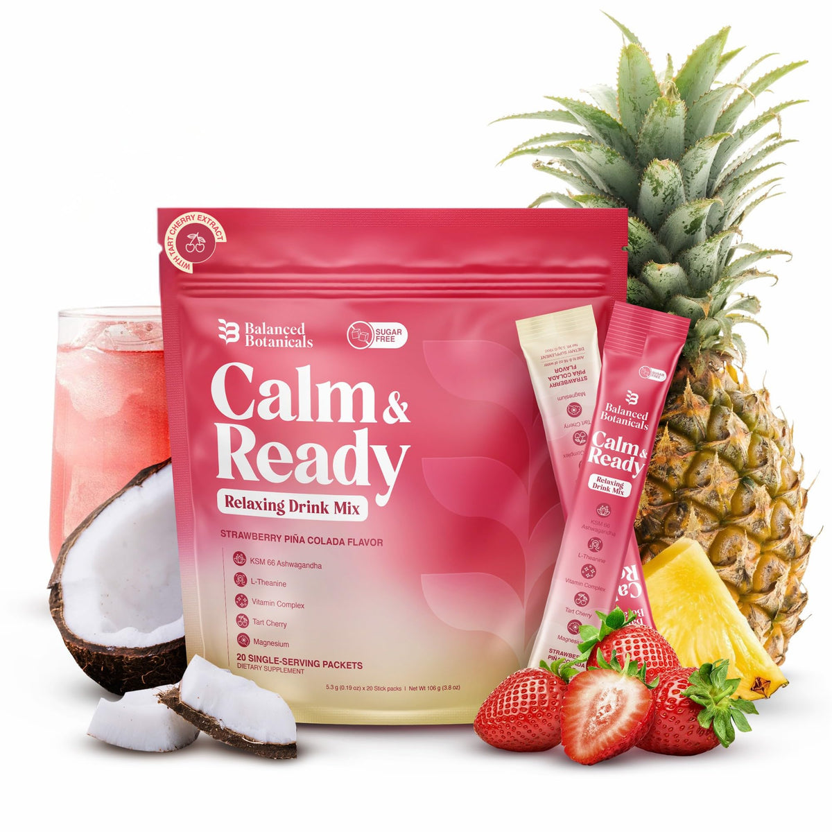 Poudre Calm & Ready Balanced Botanicals 150g saveur Fraise Piña Colada vue de face