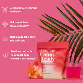 Poudre Calm & Ready Balanced Botanicals mélangée dans un verre d'eau