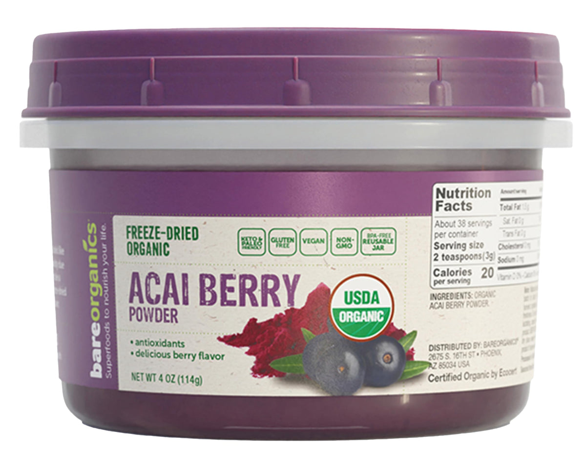Poudre d'Acai Bio BareOrganics 160g en pot réutilisable