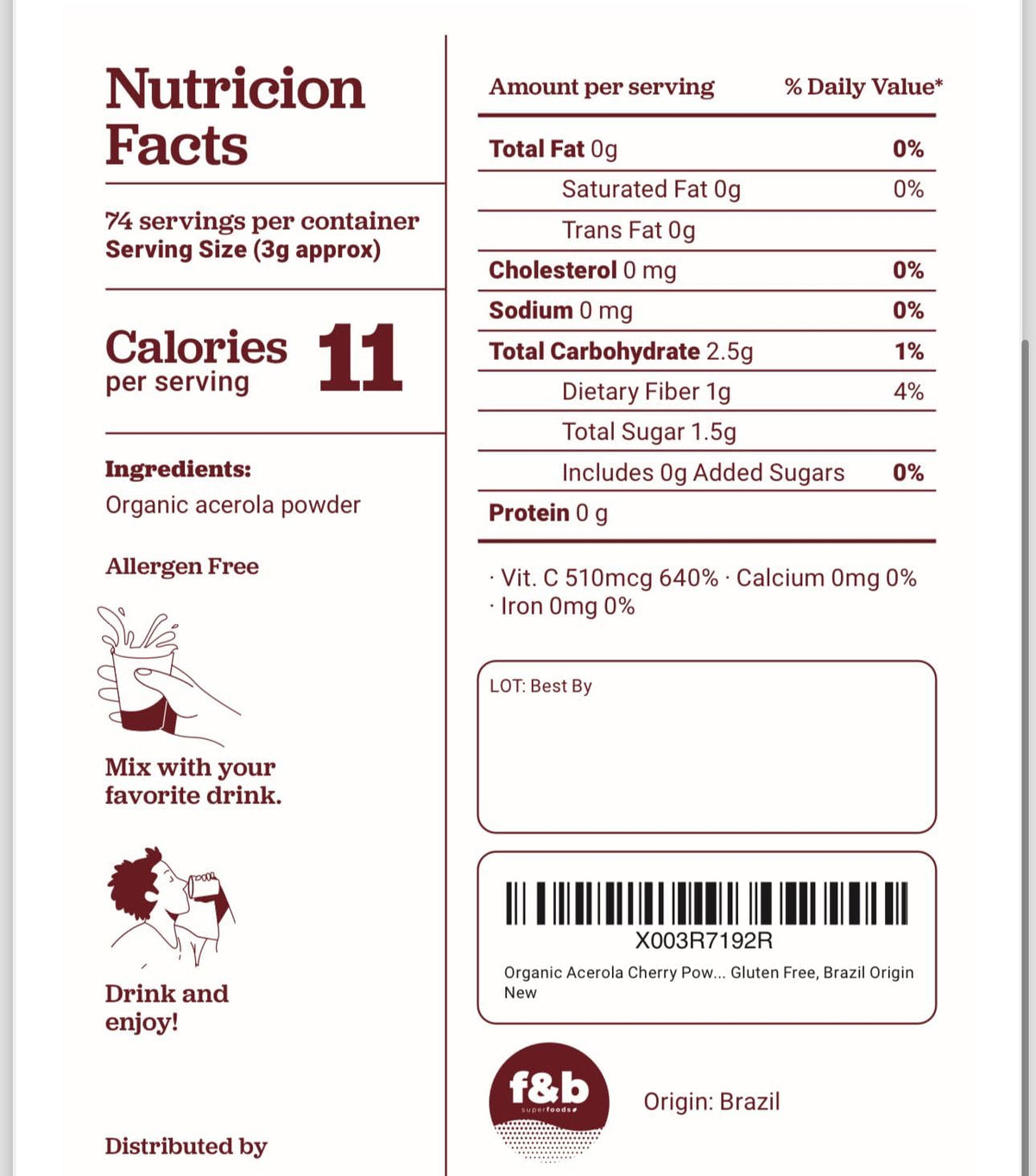 Poudre d'acerola bio f&b superfoods avec des fruits