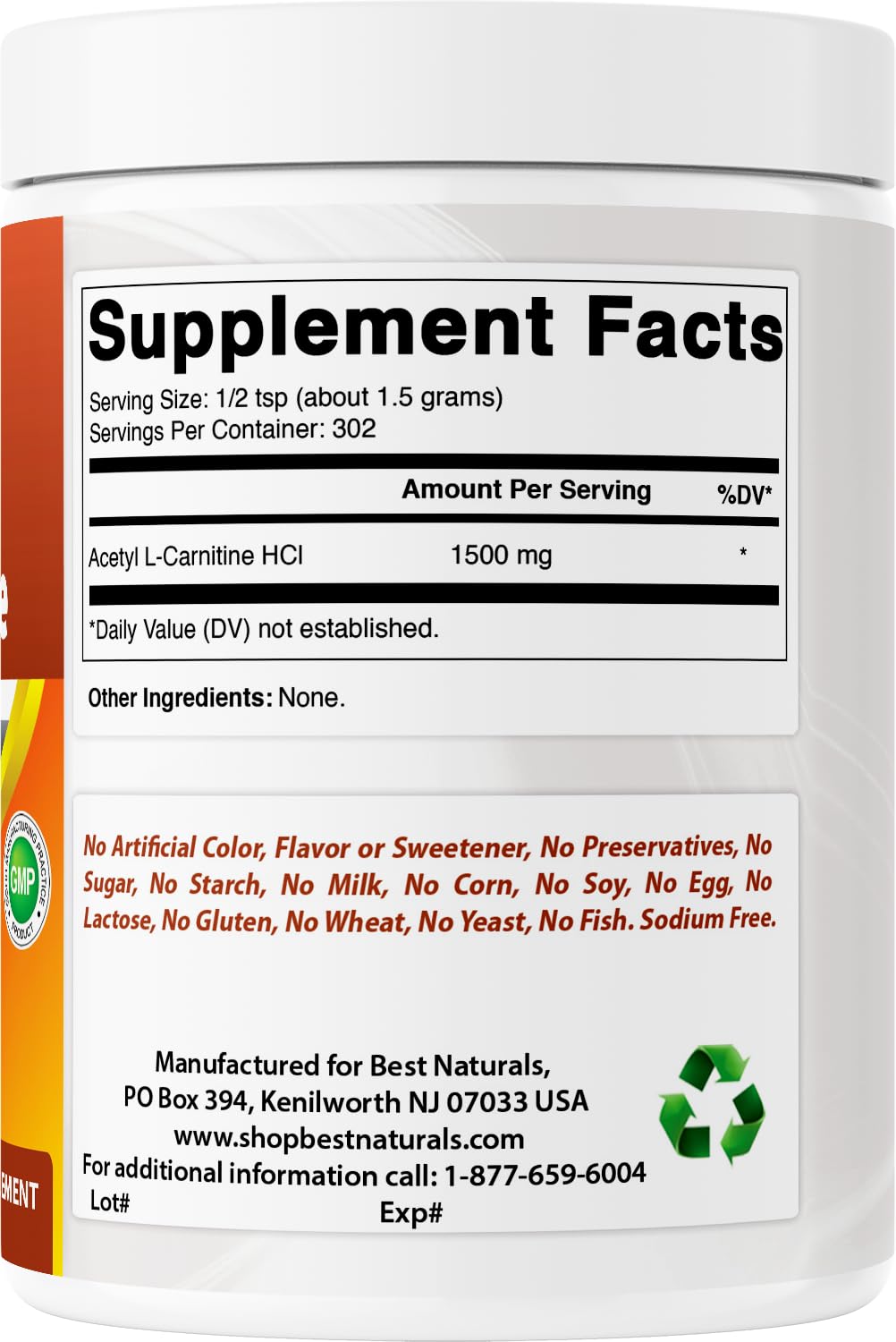 Poudre d'acétyl L-carnitine Best Naturals sur une cuillère