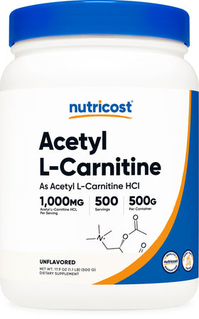 Poudre d'acétyl L-carnitine Nutricost 500g vue de face