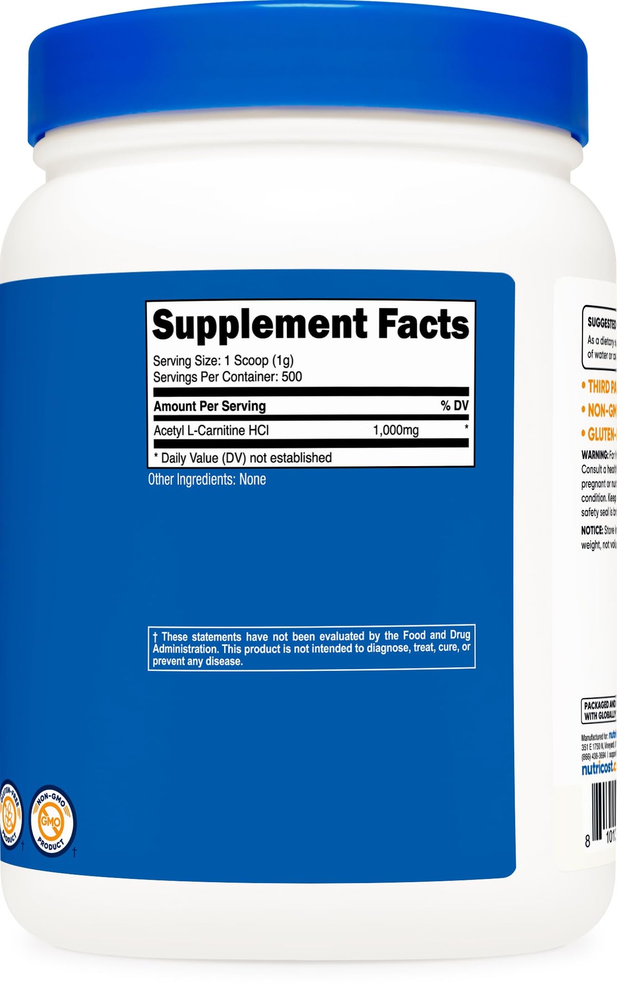 Poudre d'acétyl L-carnitine Nutricost sur une table