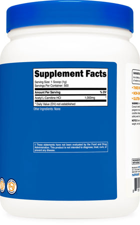 Poudre d'acétyl L-carnitine Nutricost sur une table