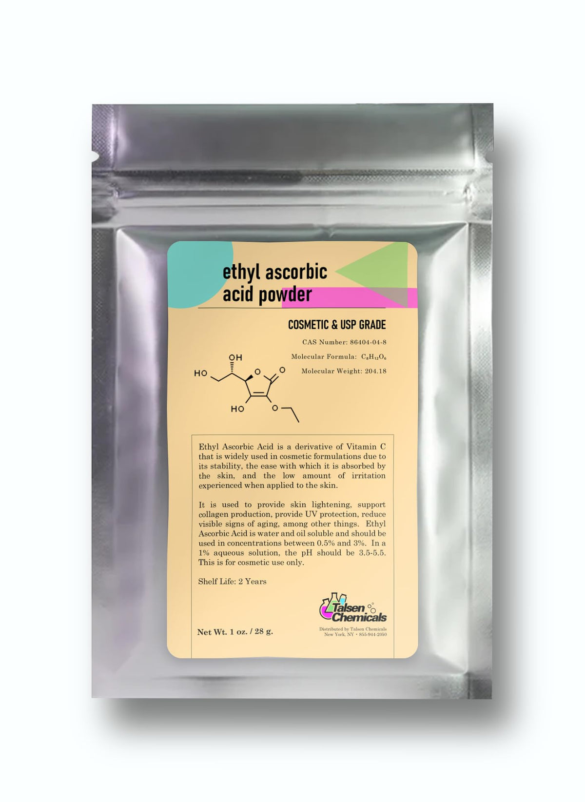 Poudre d'acide éthylescorbique Talsen Chemicals 28g vue de face
