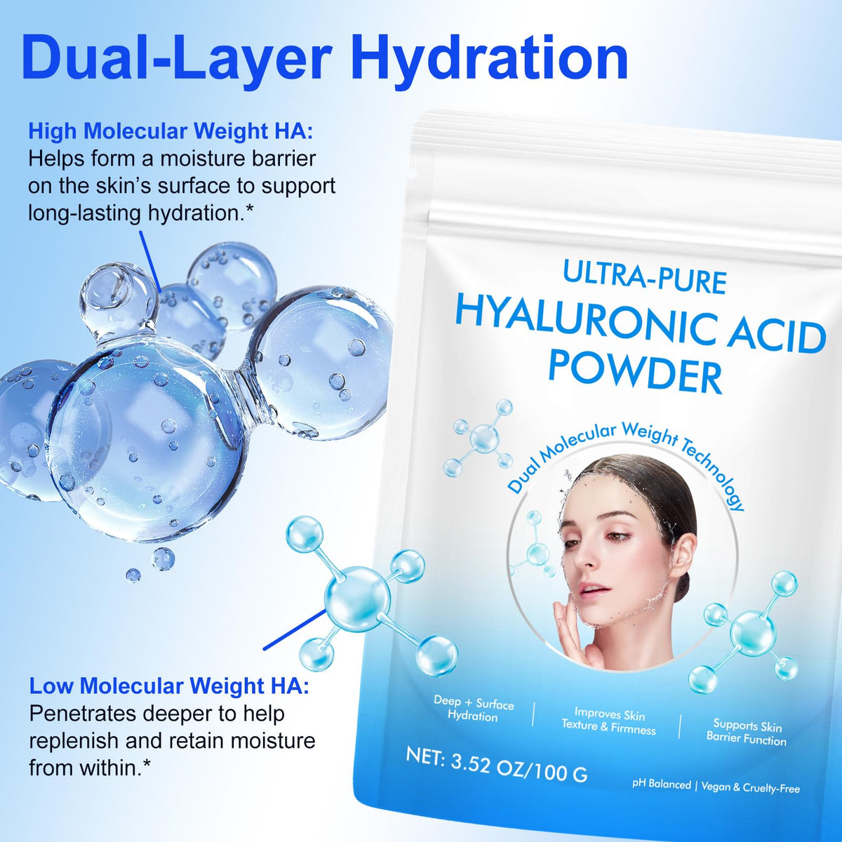 Poudre d'acide hyaluronique flasture en gros plan