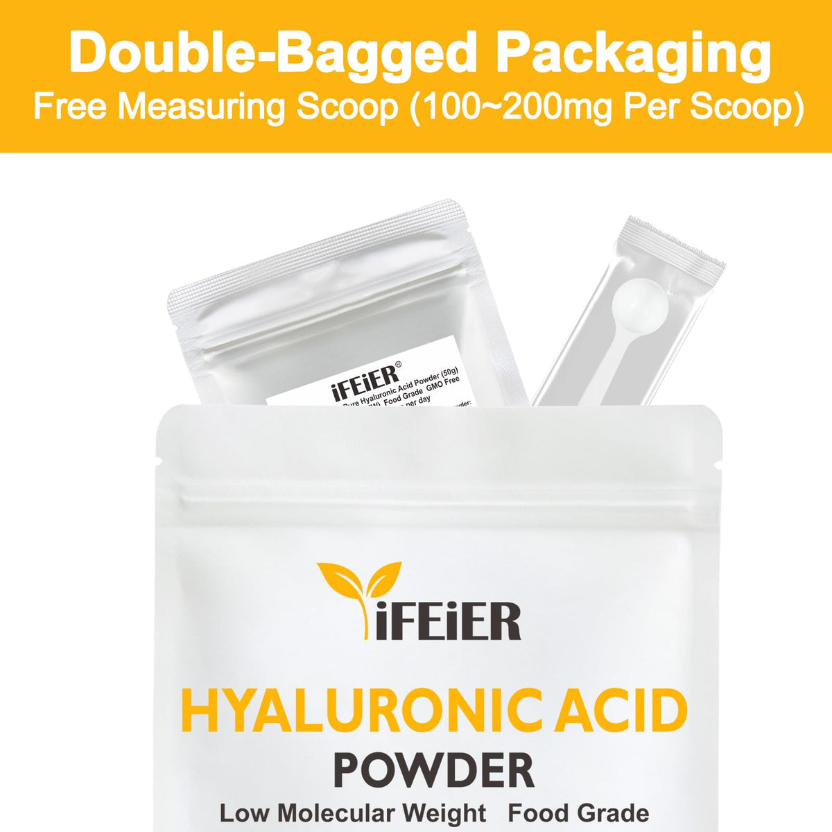 Poudre d'Acide Hyaluronique iFEiER 50g avec étiquette
