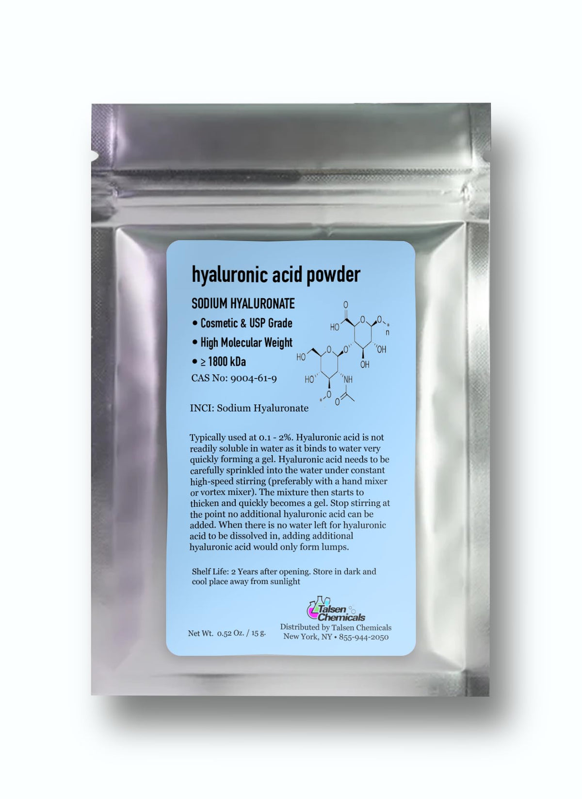 Poudre d'acide hyaluronique pure Talsen 15g vue de face