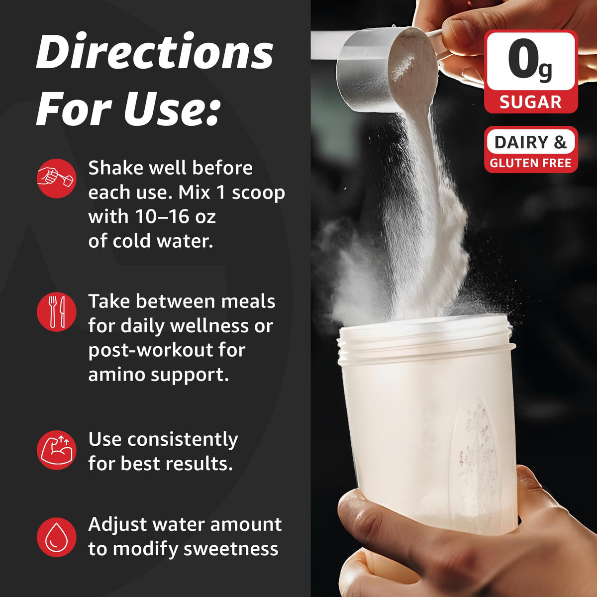 Poudre d'acides aminés 10X Health dans un verre d'eau