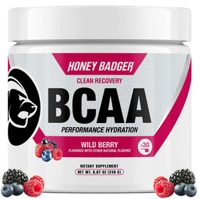 Poudre d'acides aminés Honey Badger BCAA + EAA vue de face