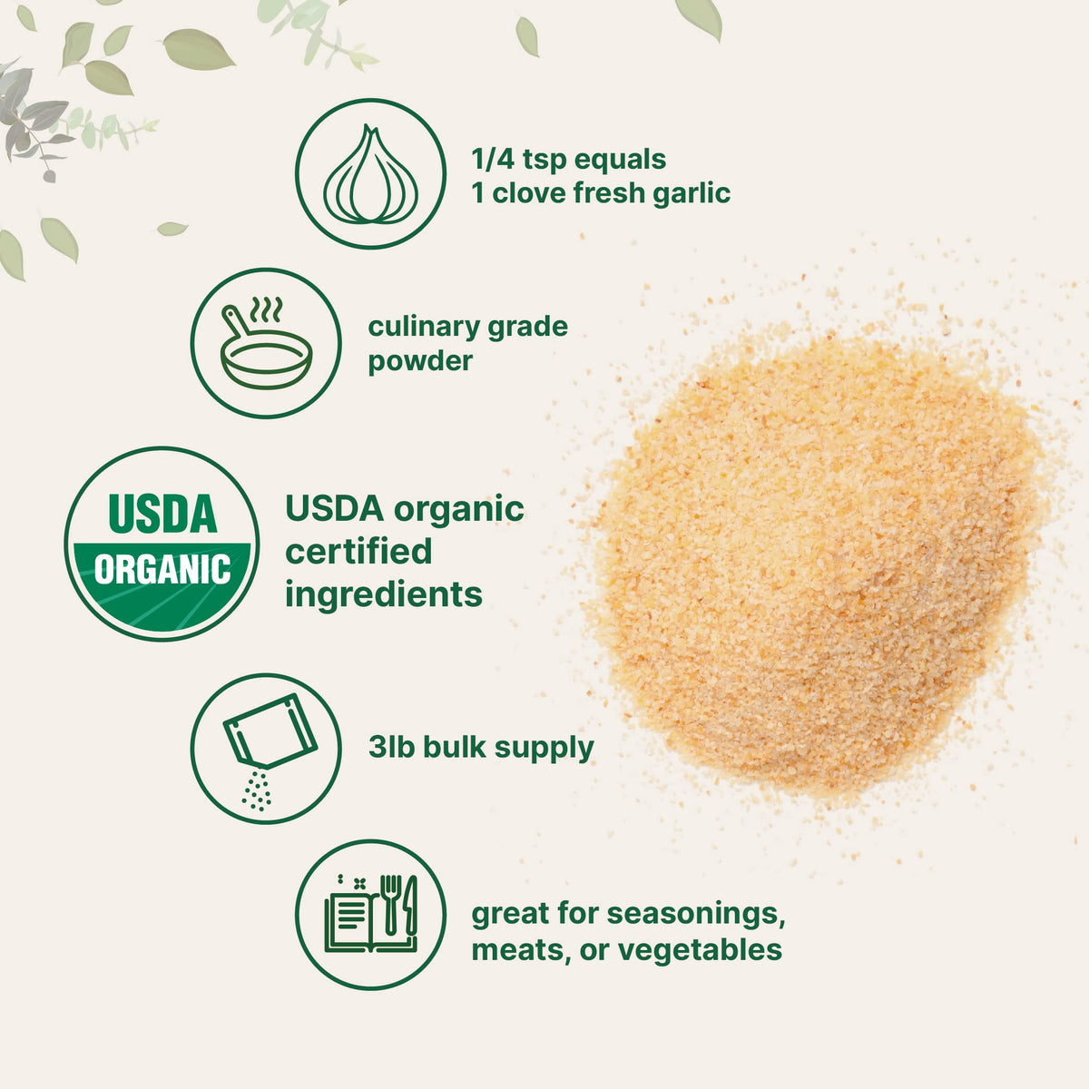Poudre d'ail bio Micro Ingredients sur un fond de cuisine