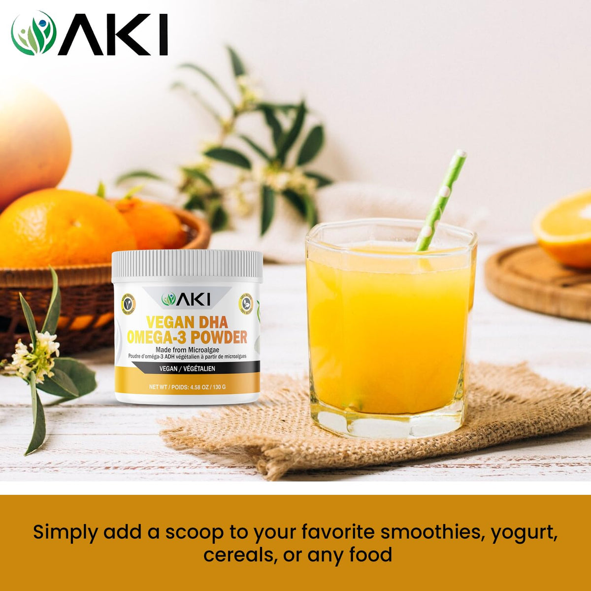 Poudre d'Algues Micro Omega 3 DHA AKI ORGANIC 130g en utilisation dans un smoothie