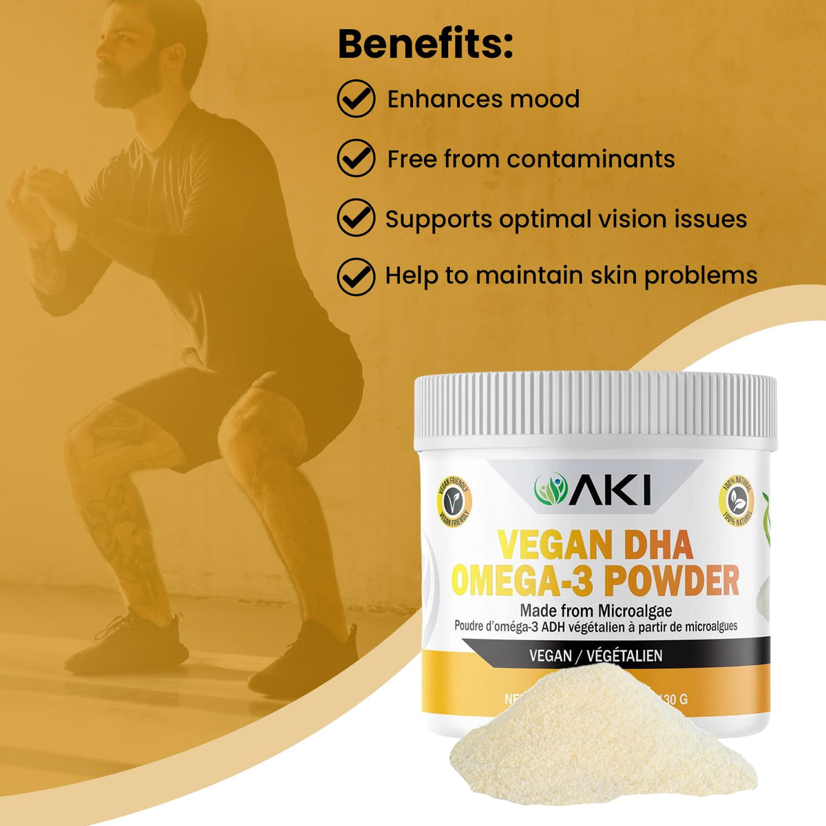 Poudre d'Algues Micro Omega 3 DHA AKI ORGANIC 130g vue de côté