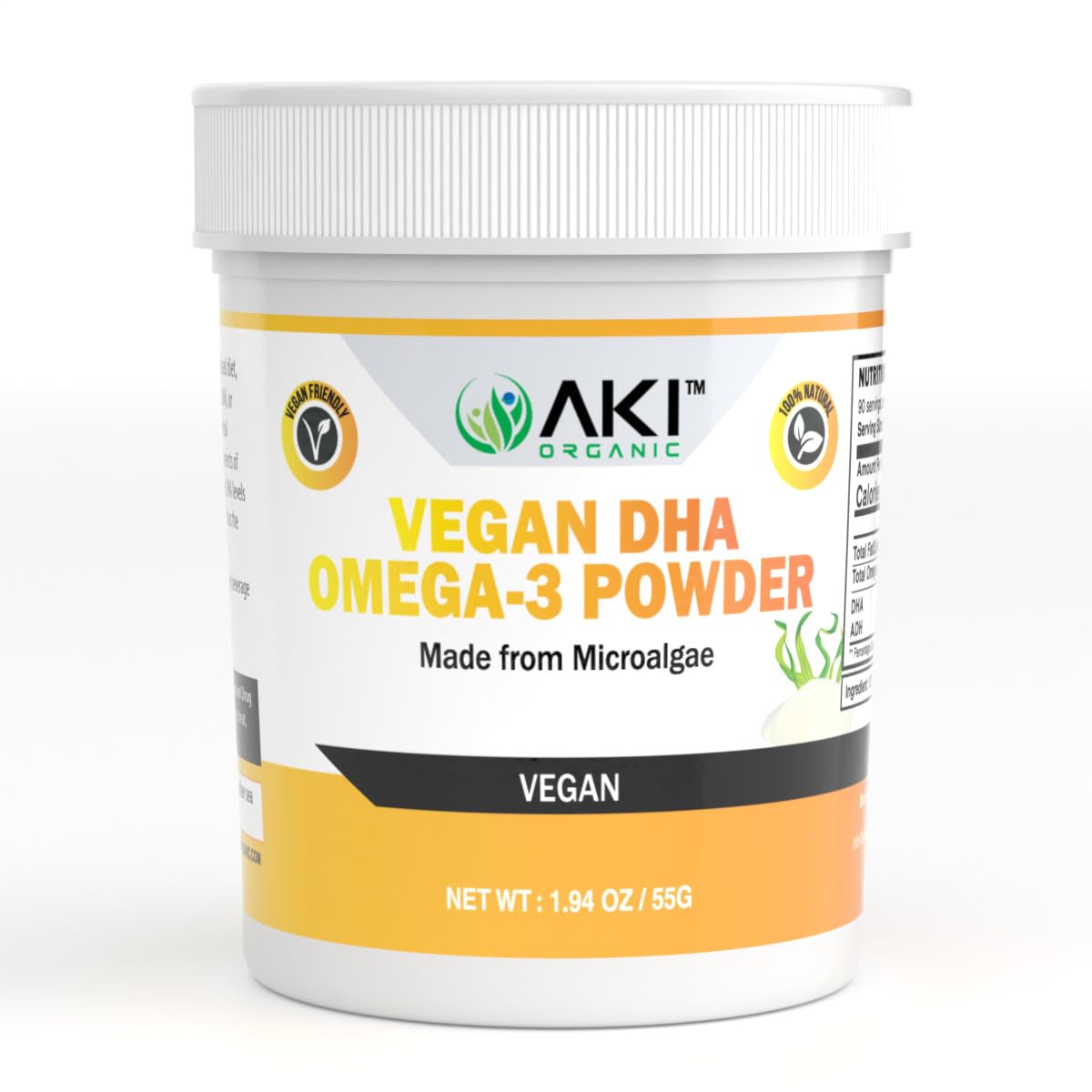 Poudre d'algues microbiennes Omega 3 DHA AKI ORGANIC 55g vue de face