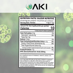 Poudre d'algues Omega 3 AKI ORGANIC dans un bol avec des ingrédients