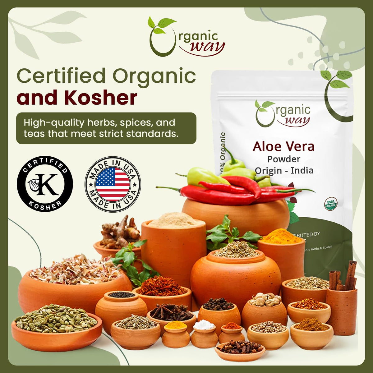 Poudre d'Aloe Vera Organic Way avec des herbes séchées