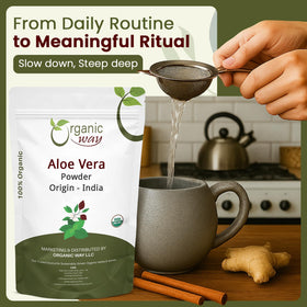 Poudre d'aloe vera Organic Way mélangée dans un smoothie
