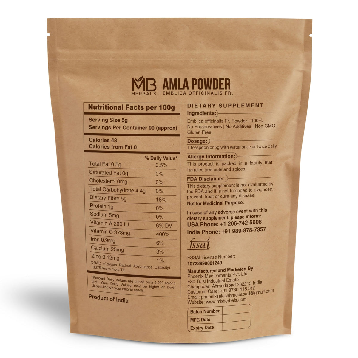 Poudre d'Amla Désemplie MB Herbals 454g avec échantillon de poudre