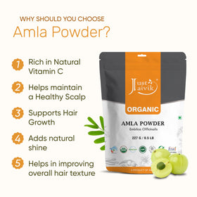 Poudre d'Amla Just Jaivik 250g en utilisation dans un smoothie