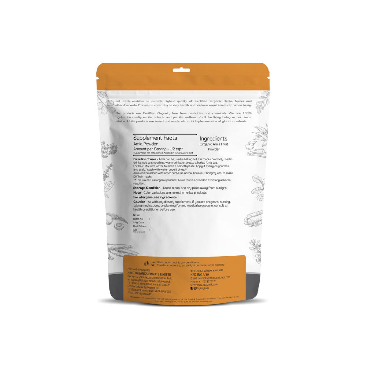 Poudre d'Amla Just Jaivik 250g vue arrière